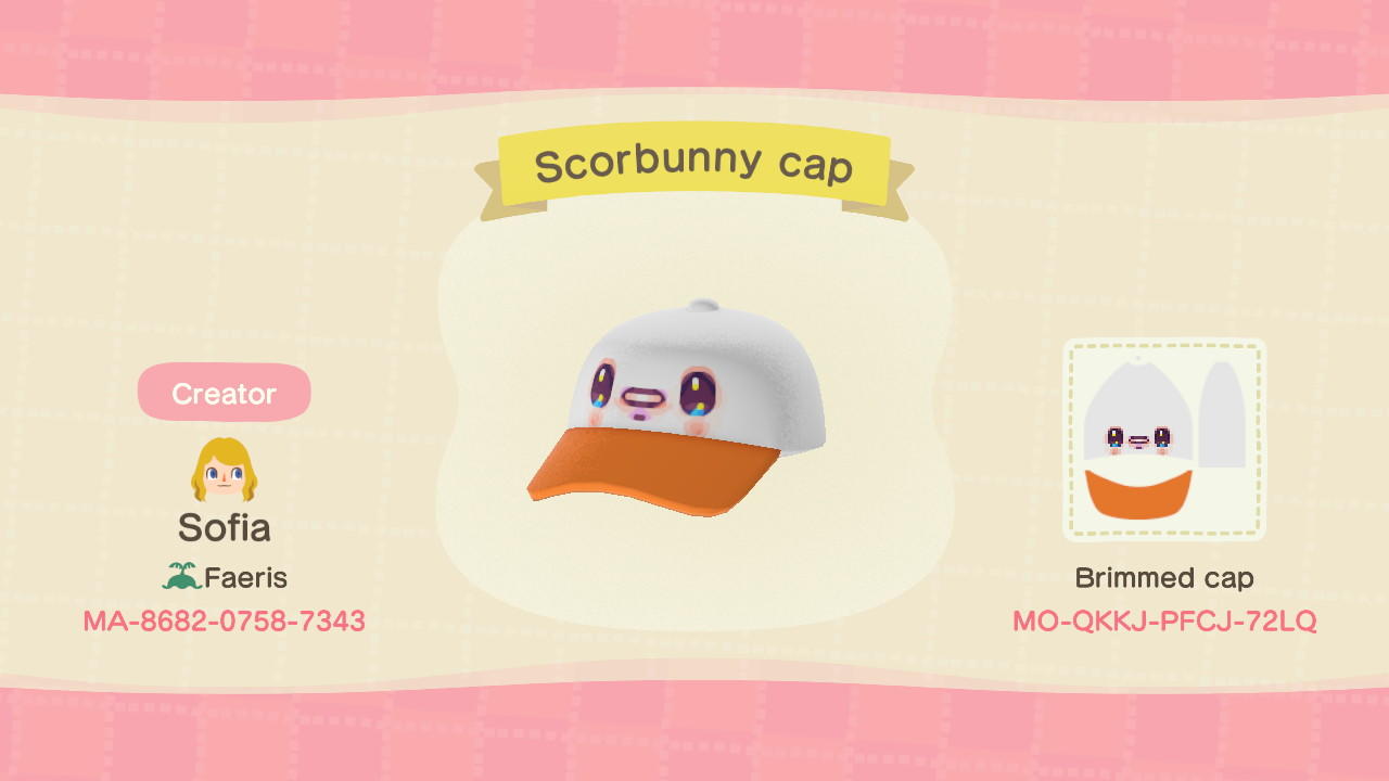 Animal Crossing Design Code: MO-QKKJ-PFCJ-72LQ Scorbunny cap