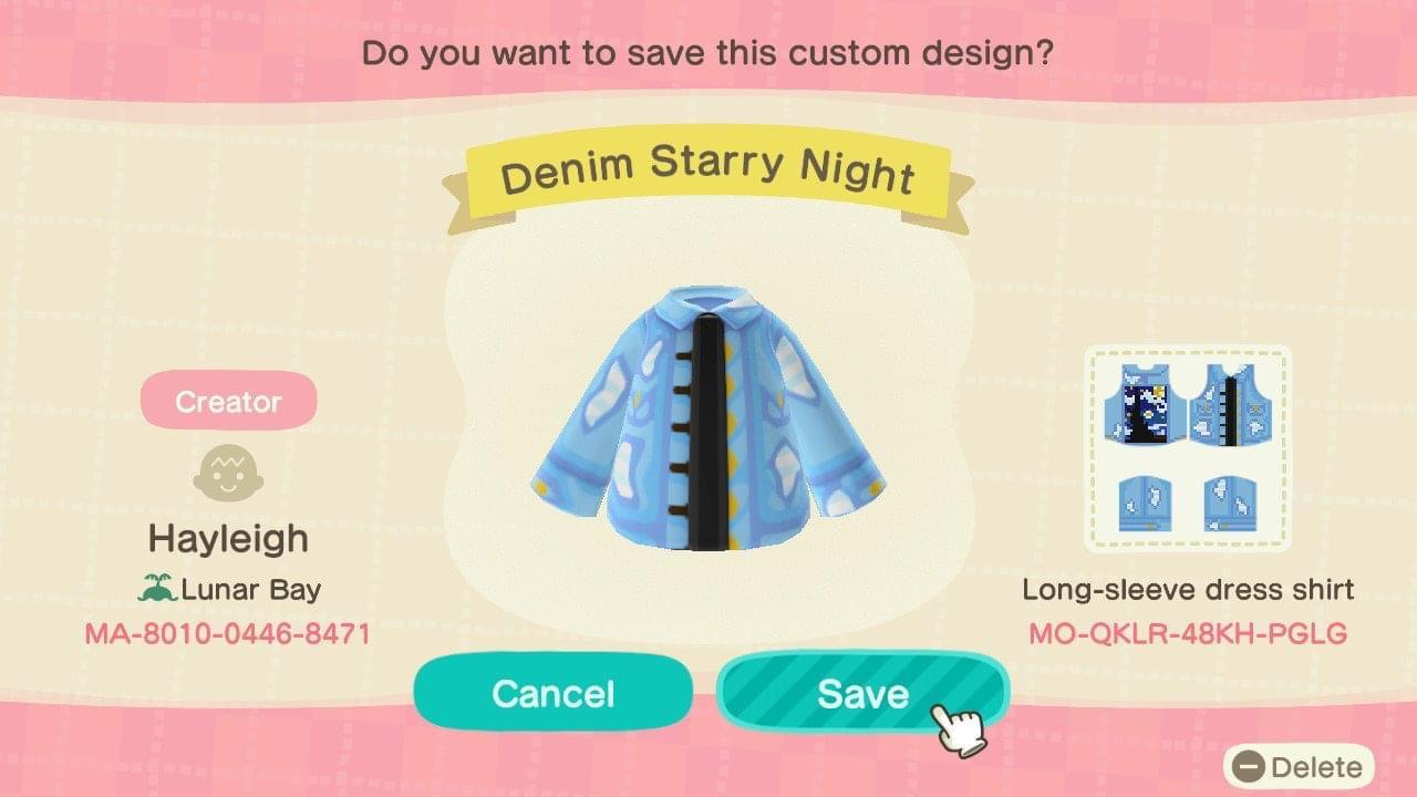 Animal Crossing Design Code: MO-QKLR-48KH-PGLG Denim Starry Night