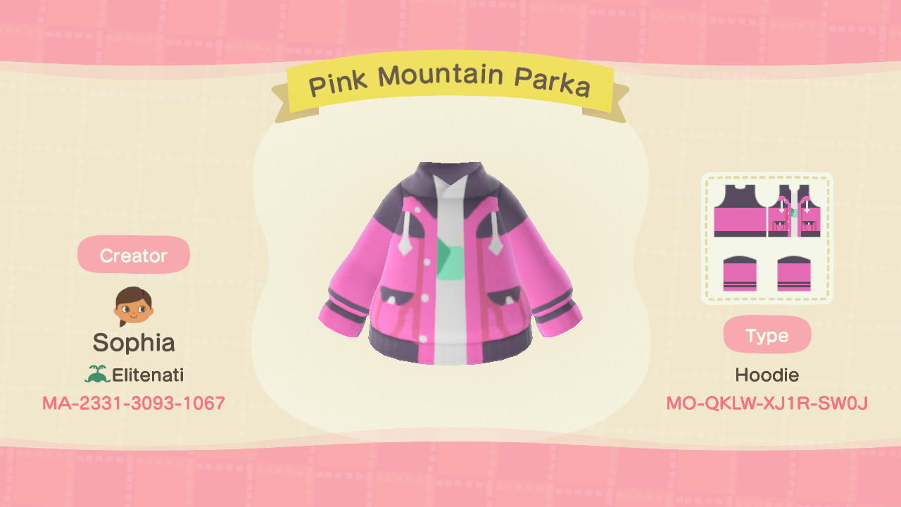 Animal Crossing Design Code: MO-QKLW-XJ1R-SW0J Pink Mountain Parka