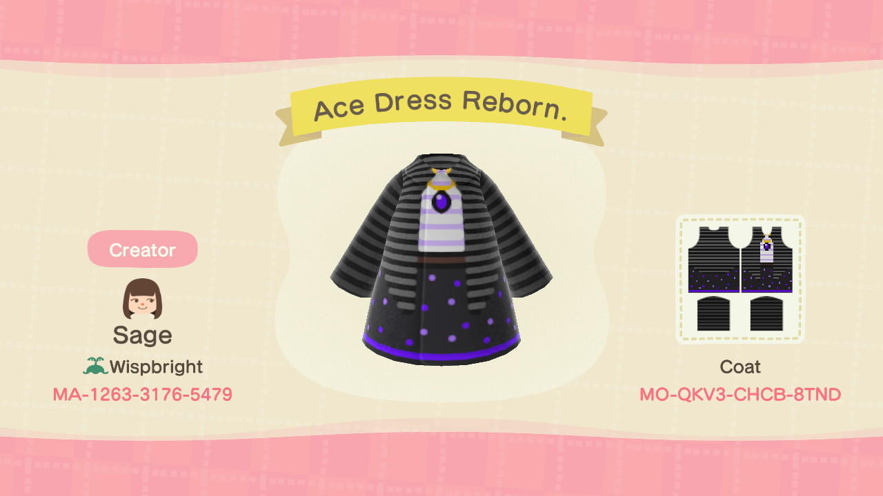 Animal Crossing Design Code: MO-QKV3-CHCB-8TND Ace Dress Reborn.