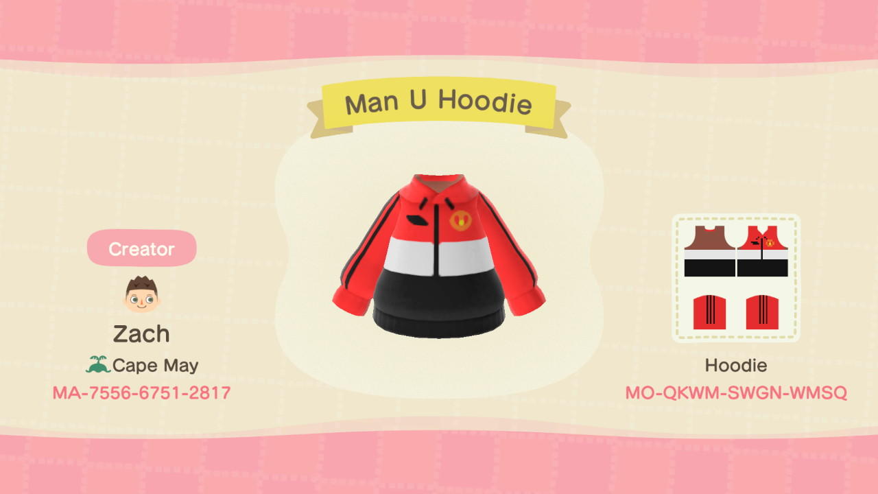 Animal Crossing Design Code: MO-QKWM-SWGN-WMSQ Man U Hoodie