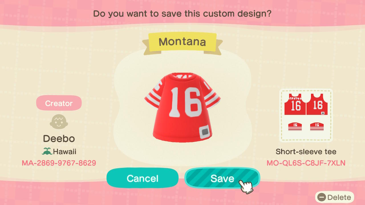 Animal Crossing Design Code: MO-QL6S-C8JF-7XLN SF 49ers J. Montana