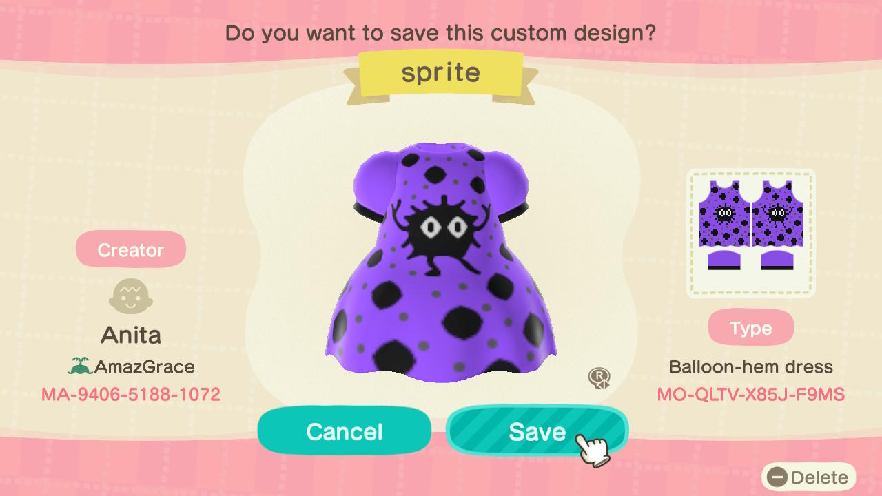 Animal Crossing Design Code: MO-QLTV-X85J-F9MS Sprite