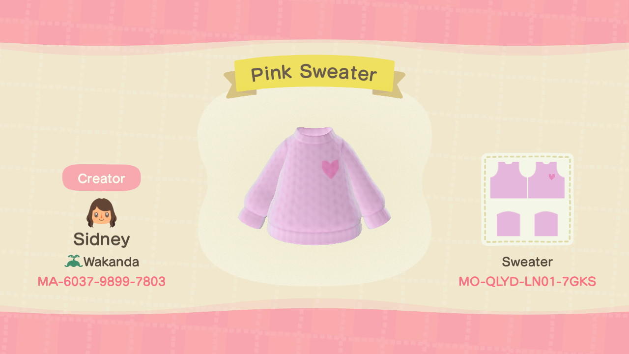 Animal Crossing Design Code: MO-QLYD-LN01-7GKS Pink Sweater