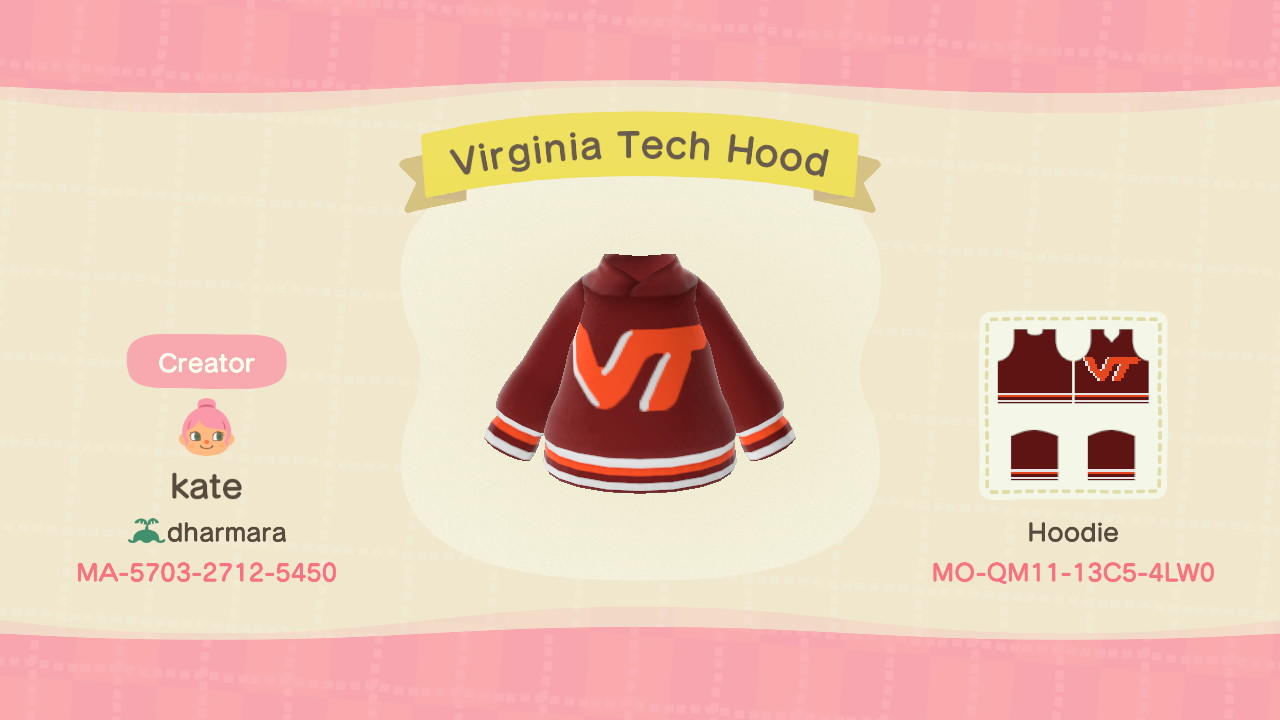 Animal Crossing Design Code: MO-QM11-13C5-4LW0 Virginia Tech Hood