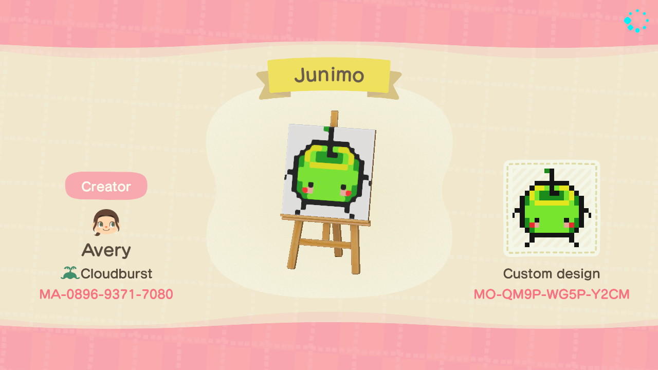 Animal Crossing Design Code: MO-QM9P-WG5P-Y2CM Junimo
