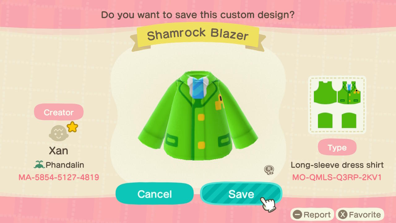 Animal Crossing Design Code: MO-QMLS-Q3RP-2KV1 Shamrock Blazer
