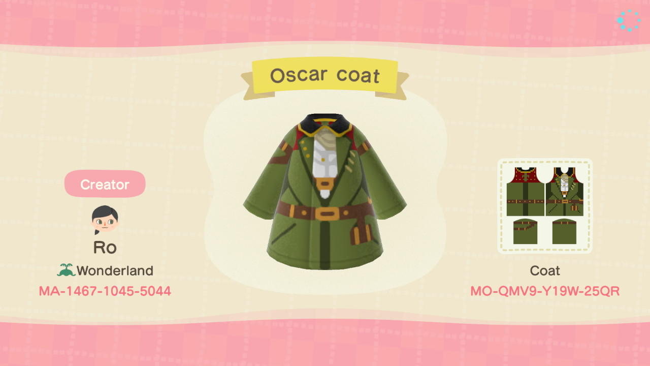 Animal Crossing Design Code: MO-QMV9-Y19W-25QR Oscar coat