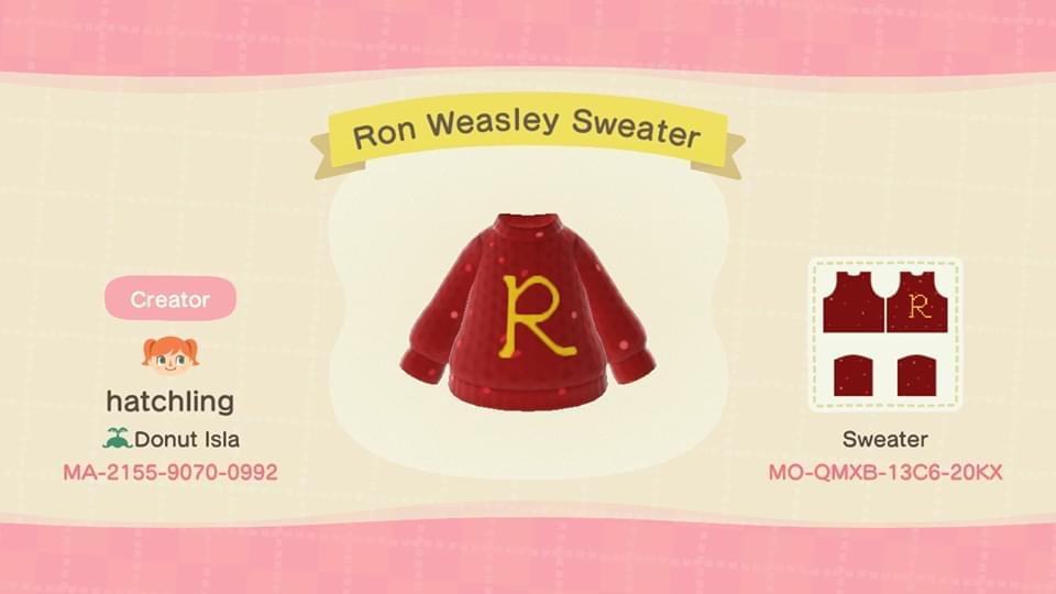 Animal Crossing Design Code: MO-QMXB-13C6-20KX Ron Weasley Sweater