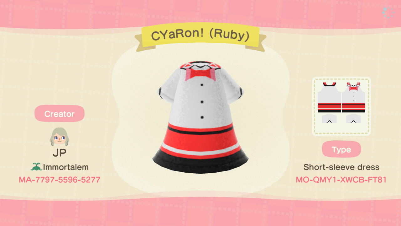 Animal Crossing Design Code: MO-QMY1-XWC8-FT81 CYaRon! (Ruby)