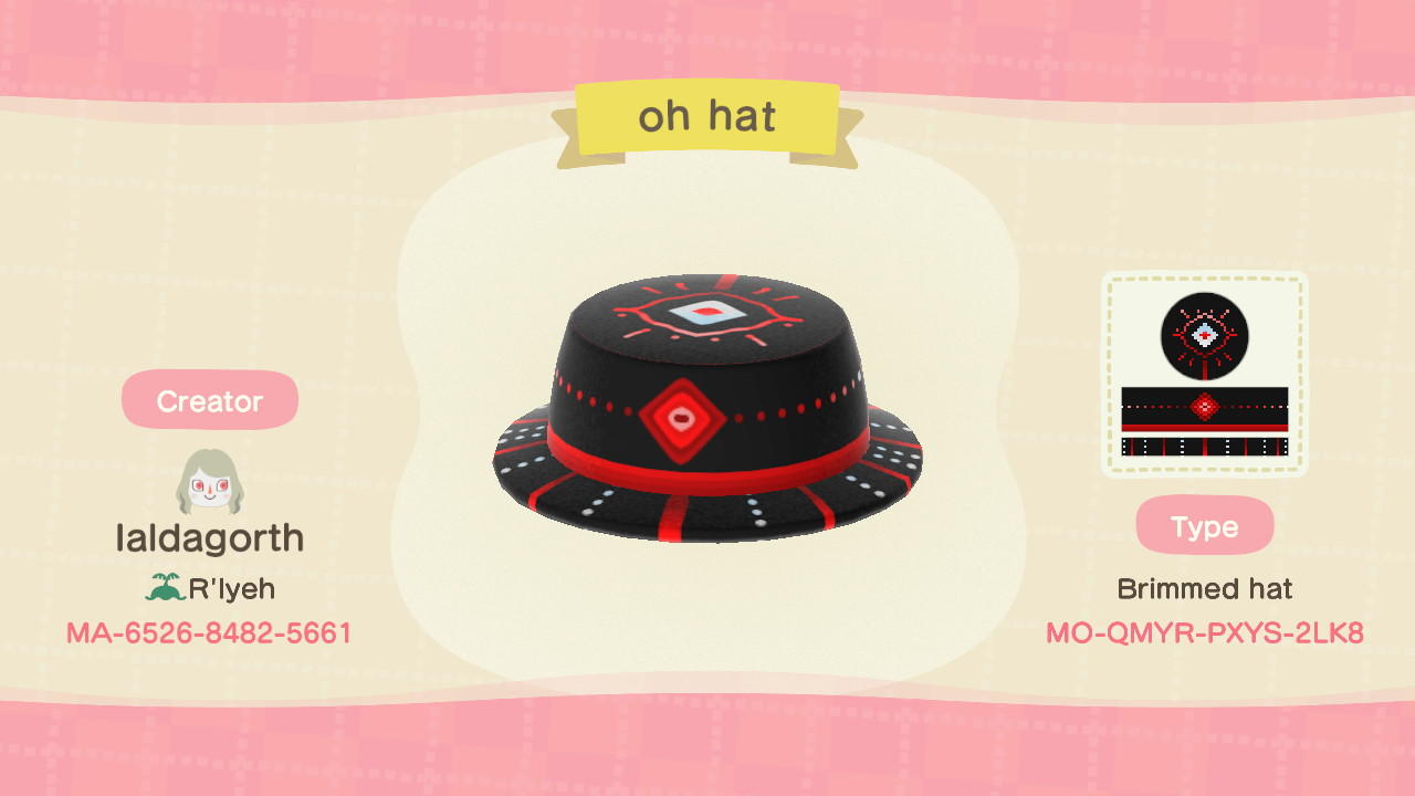 Animal Crossing Design Code: MO-QMYR-PXYS-2LK8 oh hat
