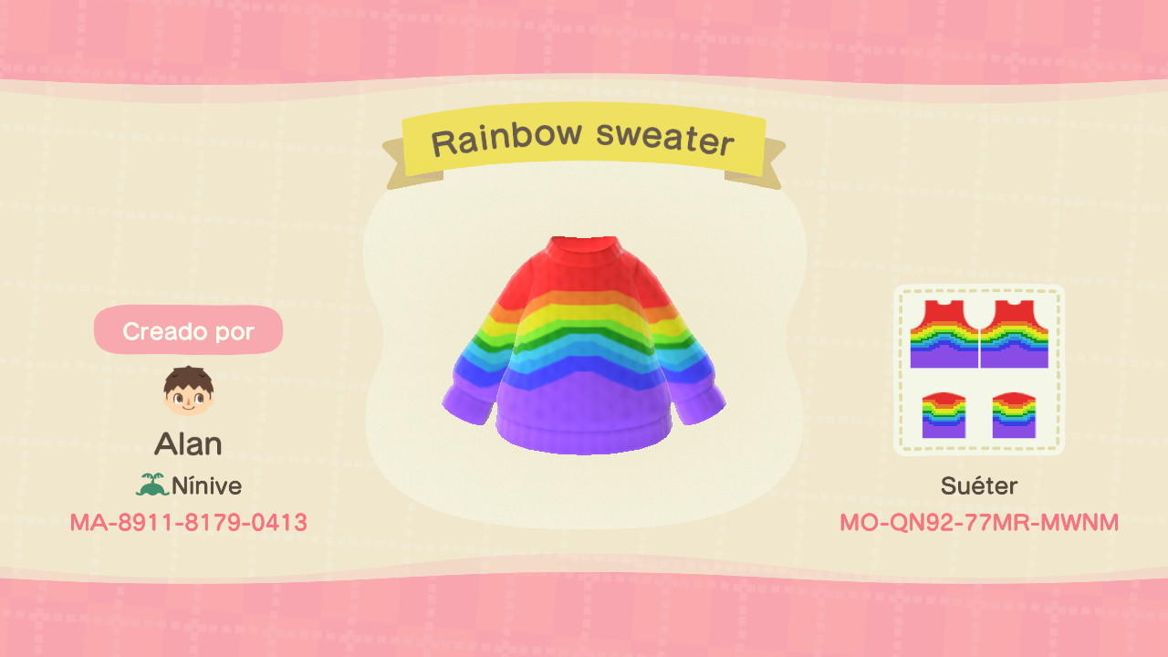 Animal Crossing Design Code: MO-QN92-77MR-MWNM Rainbow Sweater