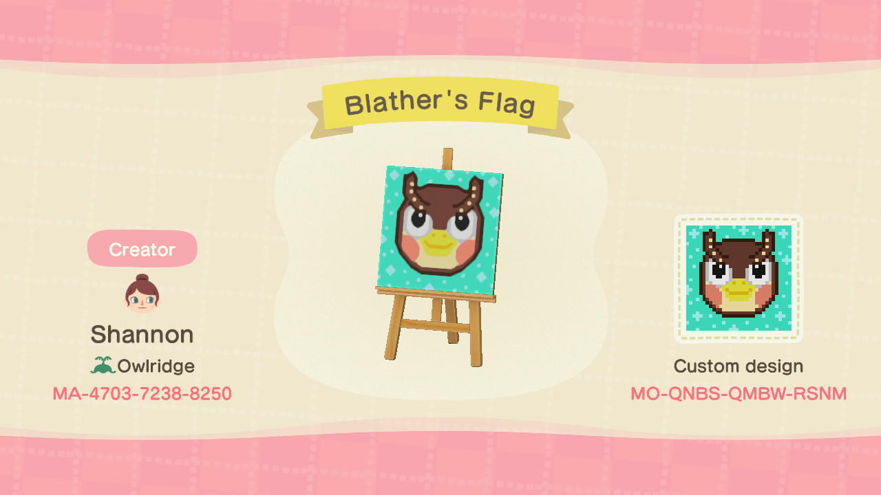 Animal Crossing Design Code: MO-QNBS-QMBW-RSNM Blathers Flag