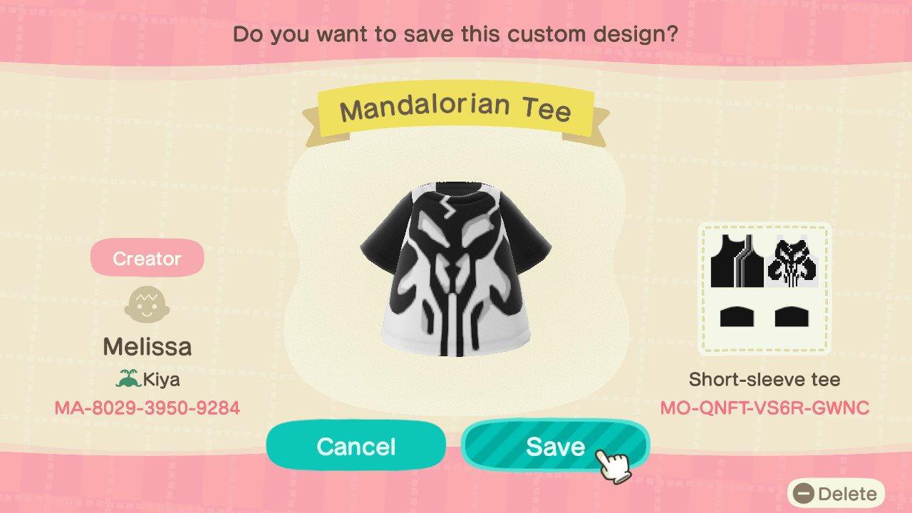 Animal Crossing Design Code: MO-QNFT-VS6R-GWNC Mandalorian Tee