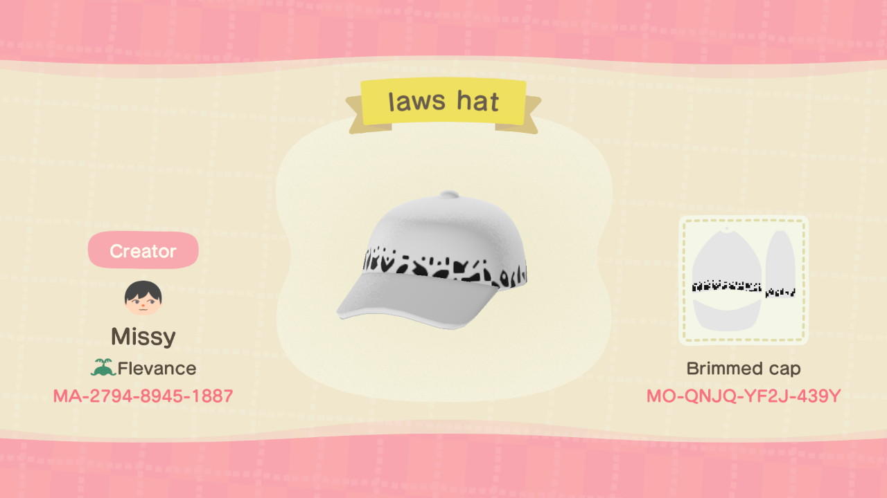 Animal Crossing Design Code: MO-QNJQ-YF2J-439Y laws hat