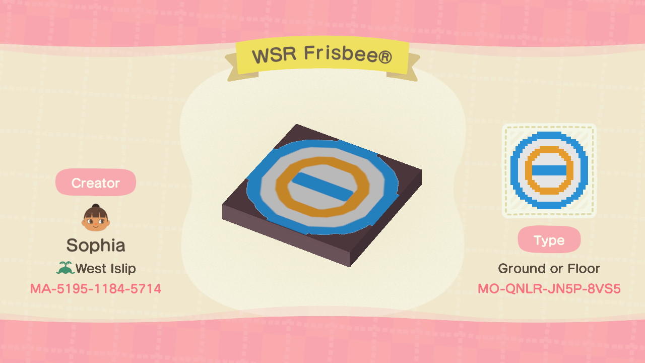 Animal Crossing Design Code: MO-QNLR-JN5P-8VS5 WSR Frisbee®