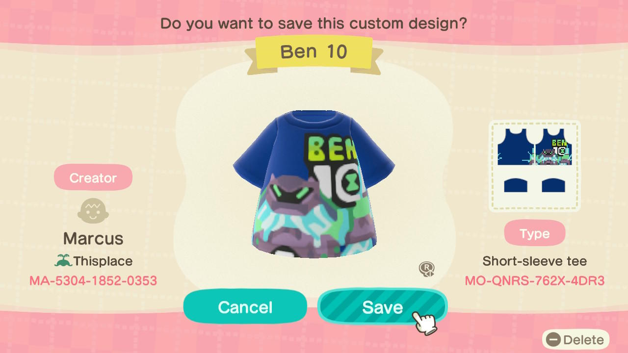 Animal Crossing Design Code: MO-QNRS-762X-4DR3 Ben 10 Shockrock