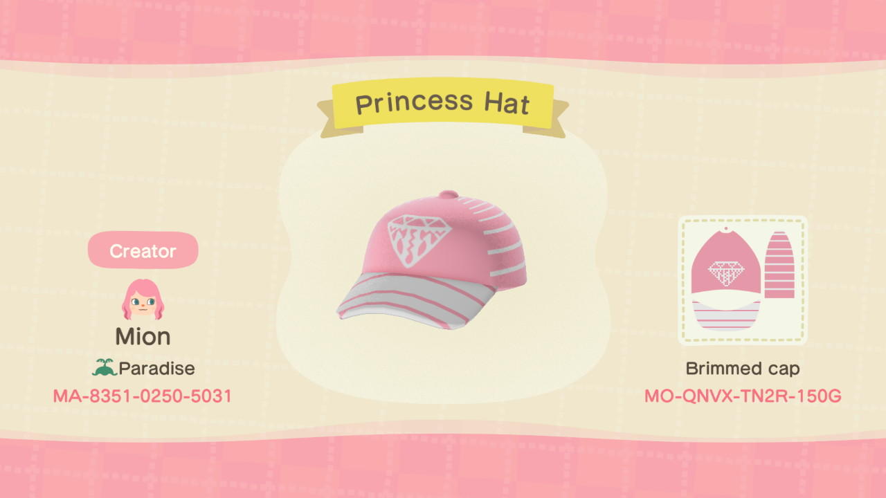 Animal Crossing Design Code: MO-QNVX-TN2R-150G Princess Hat