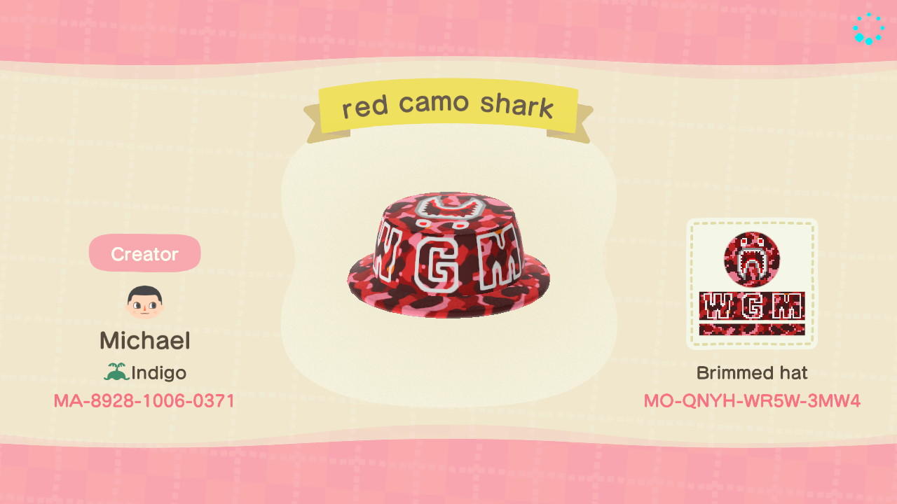 Animal Crossing Design Code: MO-QNYH-WR5W-3MW4 red camo shark hat