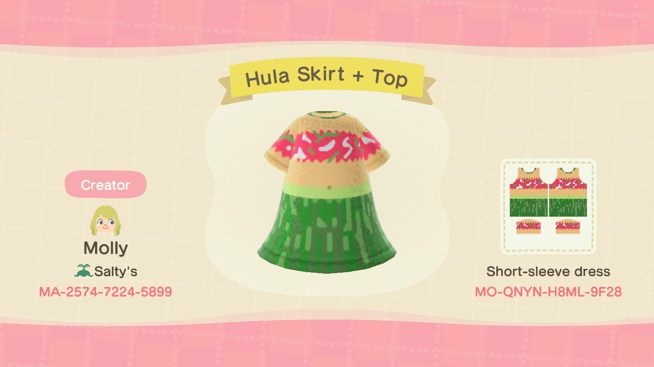 Animal Crossing Design Code: MO-QNYN-H8ML-9F28 Hula Skirt + Top