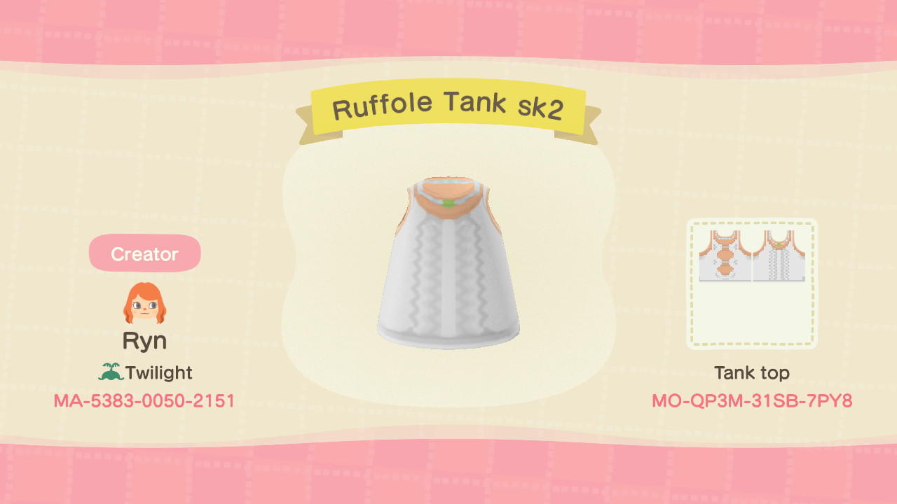Animal Crossing Design Code: MO-QP3M-31SB-7PY8 Ruffole Tank sk2