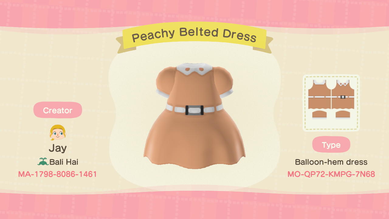 Animal Crossing Design Code: MO-QP72-KMPG-7N68 Peachy Belted Dress