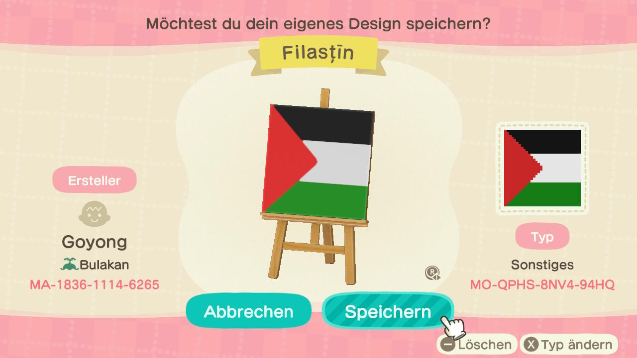 Animal Crossing Design Code: MO-QPHS-8NV4-94HQ Palestine