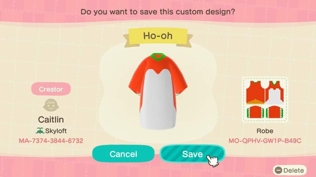 Animal Crossing Design Code: MO-QPHV-GW1P-B49C Ho-oh
