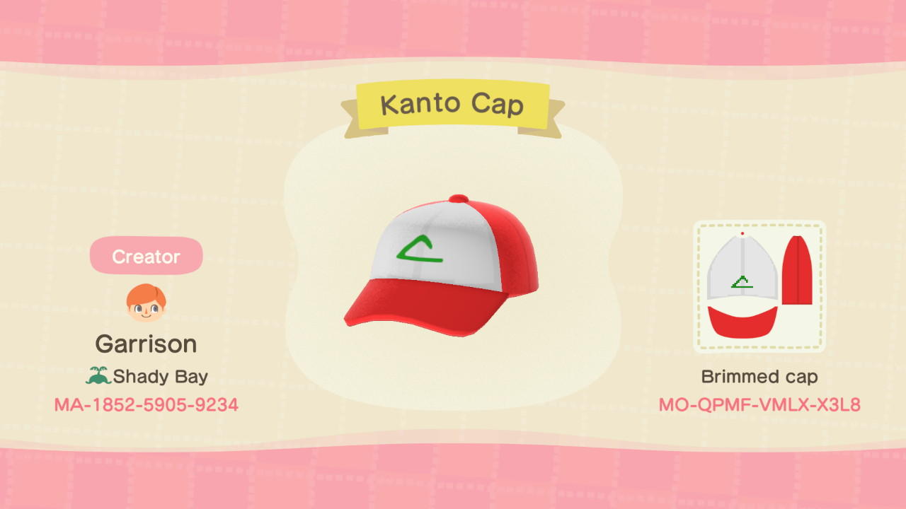 Animal Crossing Design Code: MO-QPMF-VMLX-X3L8 Kanto Cap