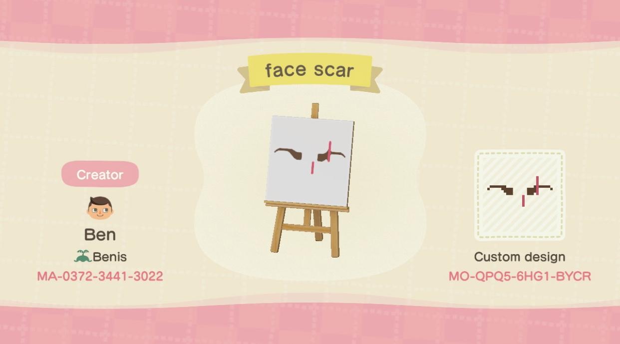 Animal Crossing Design Code: MO-QPQ5-6HG1-BYCR Eye Scar(W/eyebrows)