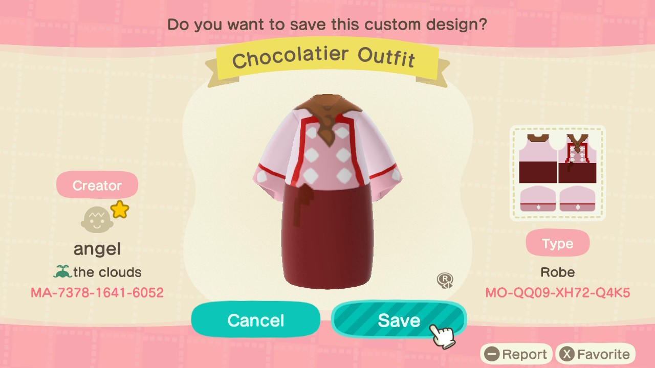 Animal Crossing Design Code: MO-QQ09-XH72-Q4K5 Pink Chocolatier Out