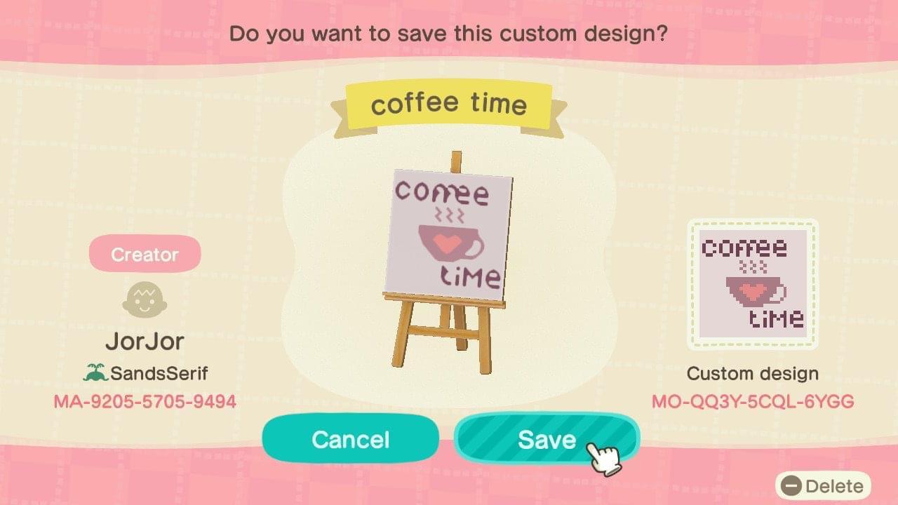 Animal Crossing Design Code: MO-QQ3Y-5CQL-6YGG Coffee time