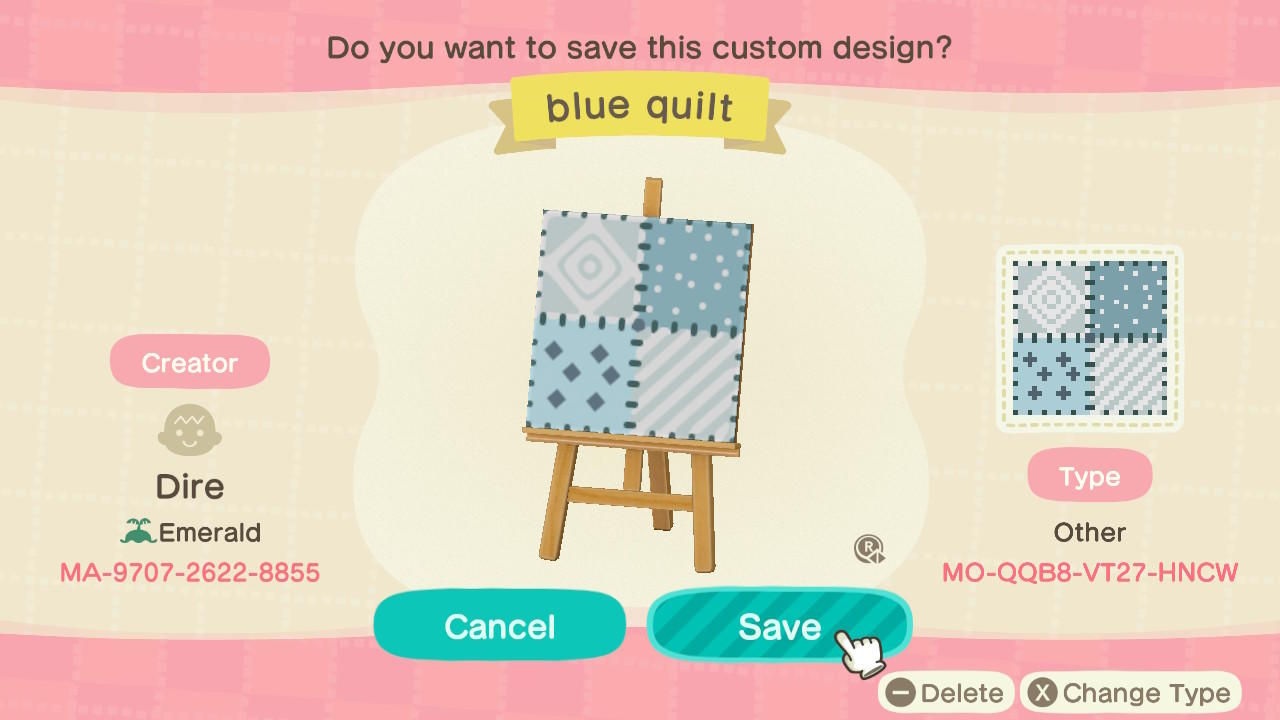 Animal Crossing Design Code: MO-QQB8-VT27-HNCW Blue Quilt