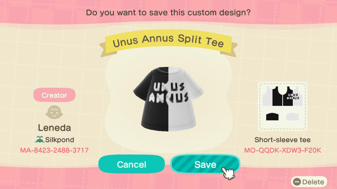 Animal Crossing Design Code: MO-QQDK-XDW3-F20K Unus Annus Split Tee