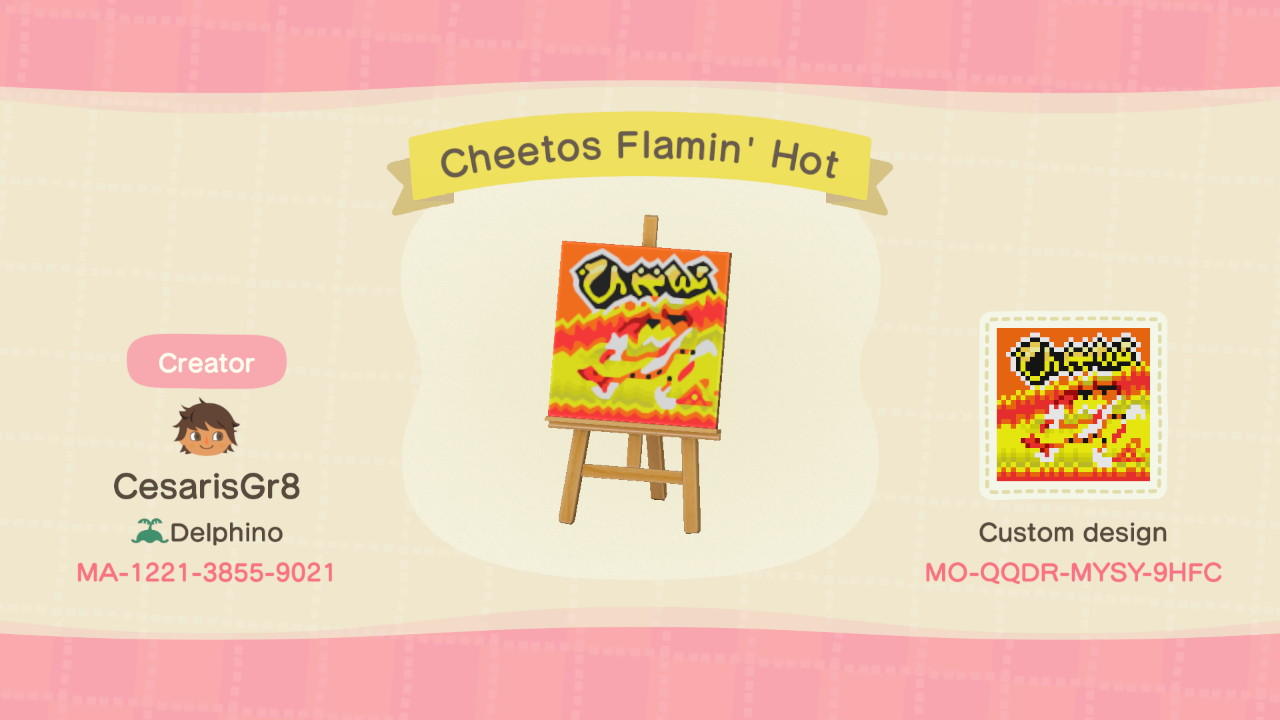 Animal Crossing Design Code: MO-QQDR-MYSY-9HFC Cheetos Flamin Hot