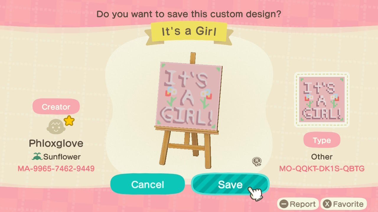 Animal Crossing Design Code: MO-QQKT-DK1S-QBTG It's a Girl