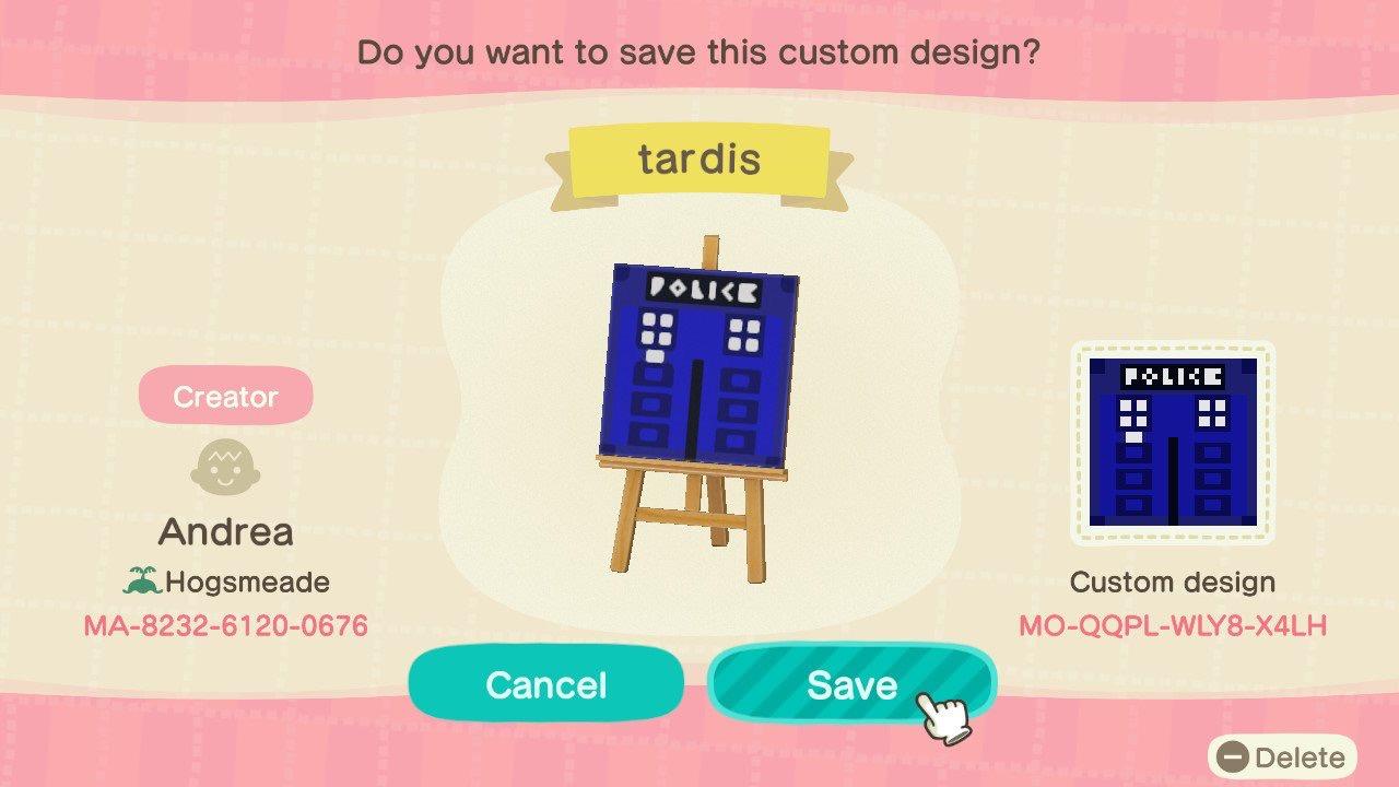 Animal Crossing Design Code: MO-QQPL-WLY8-X4LH Tardis