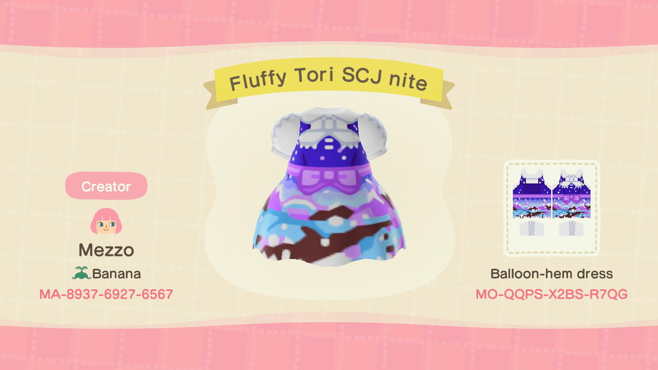 Animal Crossing Design Code: MO-QQPS-X2BS-R7QG Flufy Tpri SCJ nite