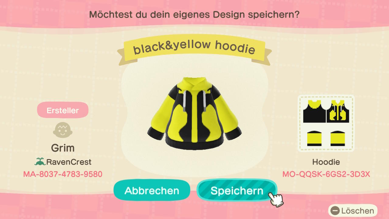 Animal Crossing Design Code: MO-QQSK-6GS2-3D3X black&yellow hoodie