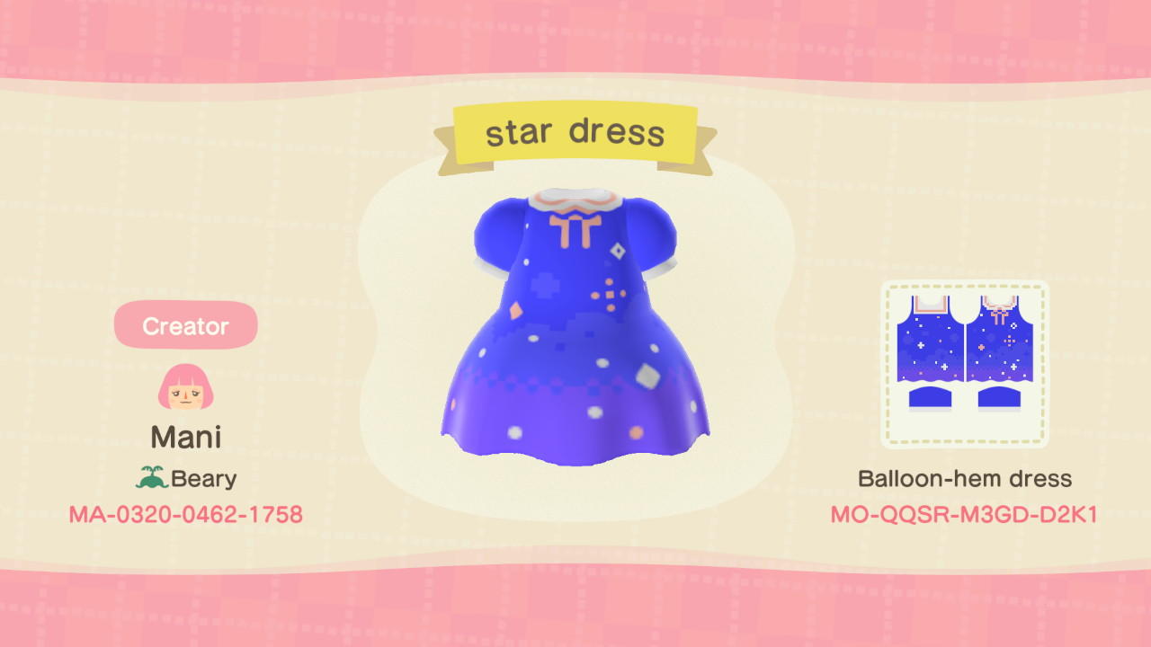 Animal Crossing Design Code: MO-QQSR-M3GD-D2K1 star dress