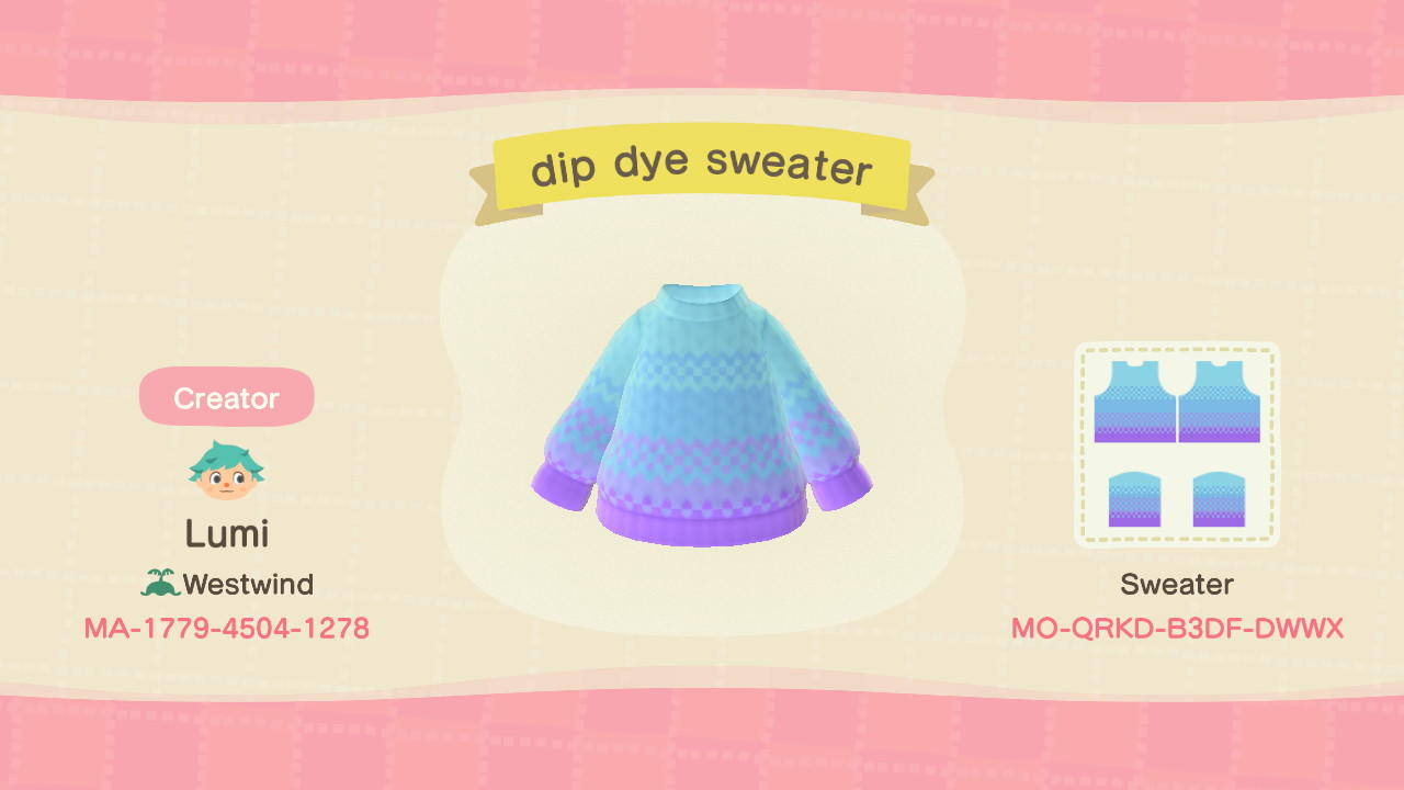 Animal Crossing Design Code: MO-QRKD-B3DF-DWWX Dip Dye Sweater