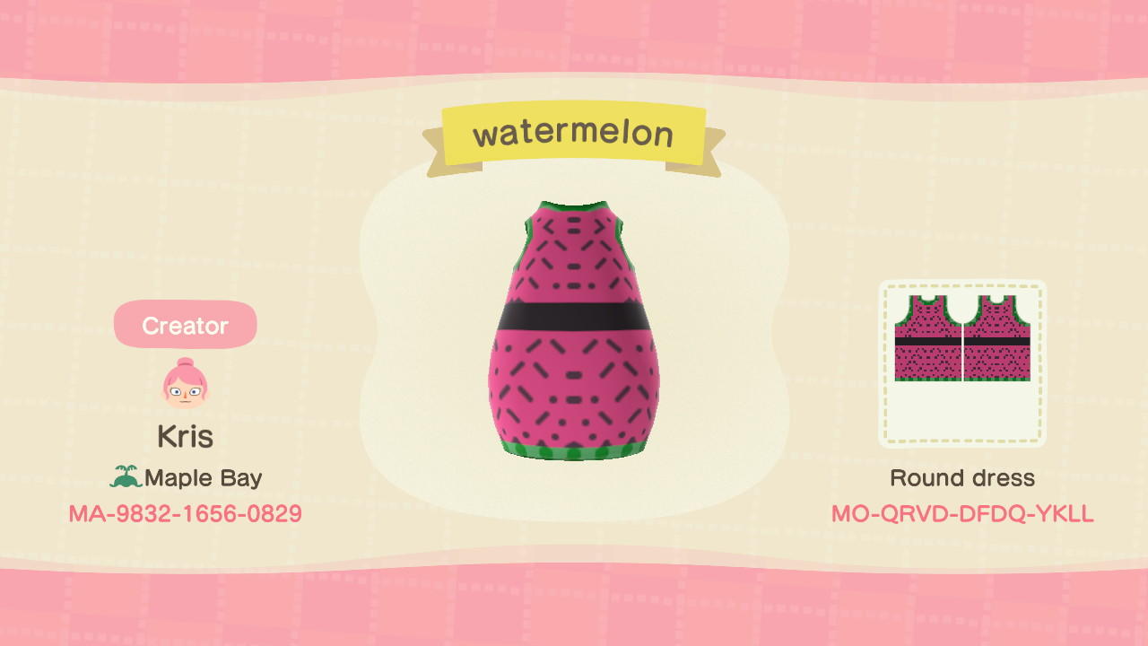 Animal Crossing Design Code: MO-QRVD-DFDQ-YKLL Watermelon Dress