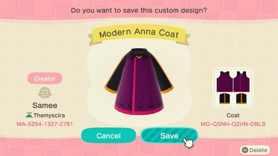Animal Crossing Design Code: MO-QSNH-Q2HN-DBLS Modern Anna Coat