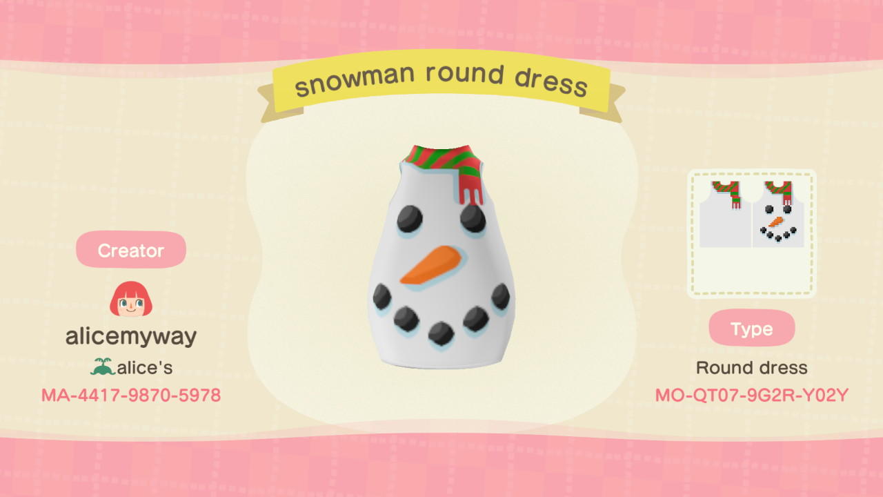 Animal Crossing Design Code: MO-QT07-9G2R-Y02Y Snowman dress