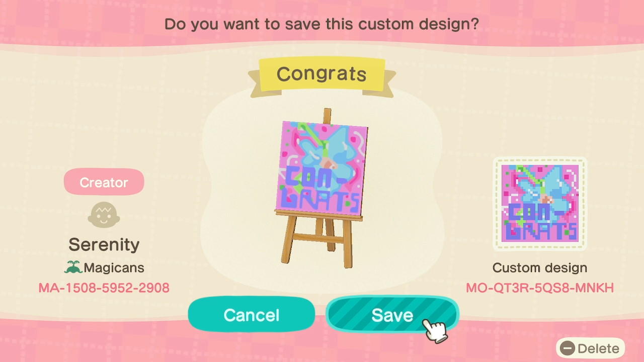 Animal Crossing Design Code: MO-QT3R-5QS8-MNKH Congrats
