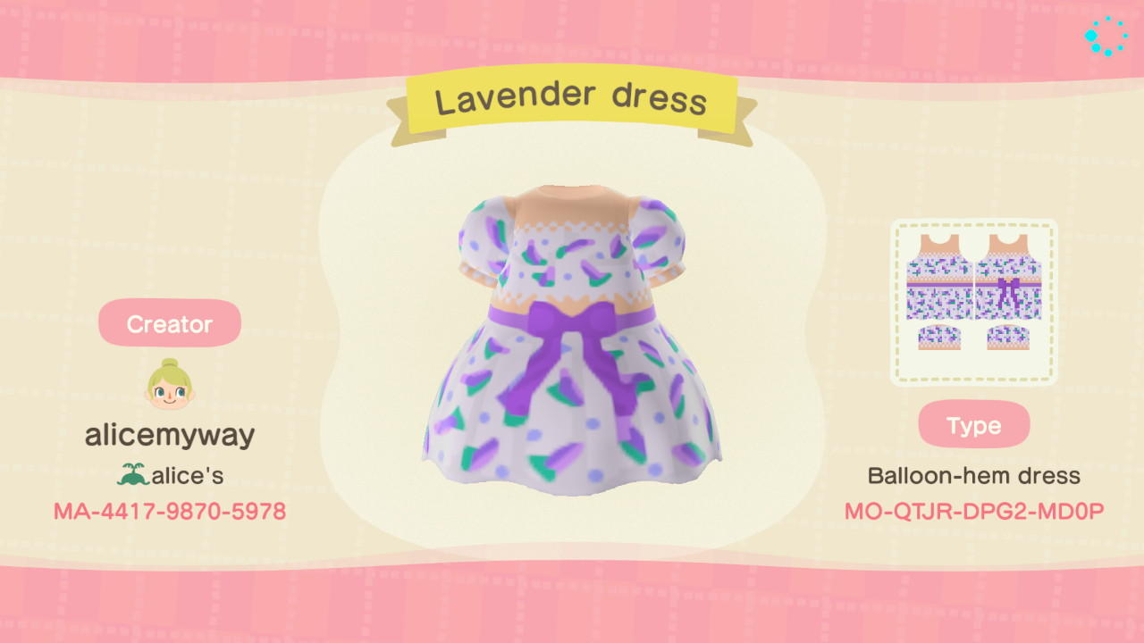Animal Crossing Design Code: MO-QTJR-DPG2-MD0P Lavender Dress
