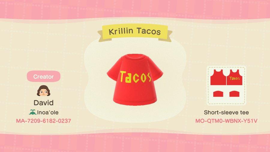 Animal Crossing Design Code: MO-QTM0-WBNX-Y51V Krillin Tacos Shirt