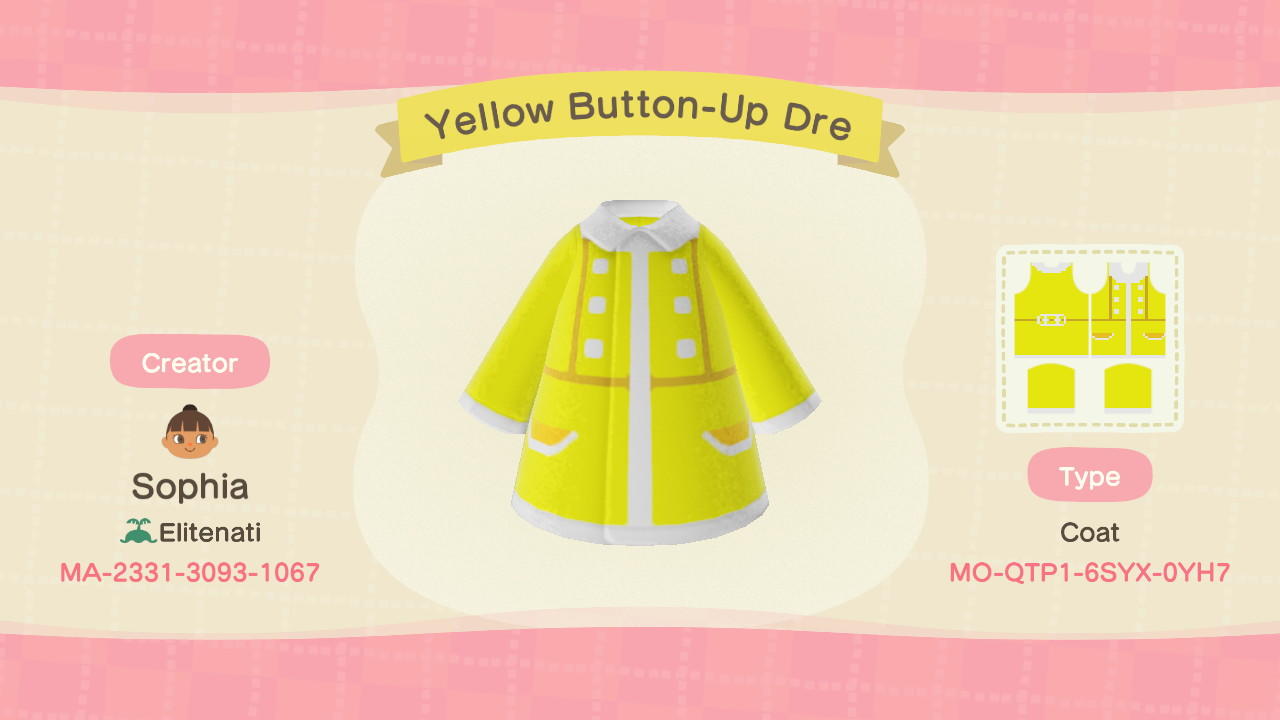 Animal Crossing Design Code: MO-QTP1-6SYX-0YH7 Yellow Button-Up Dre