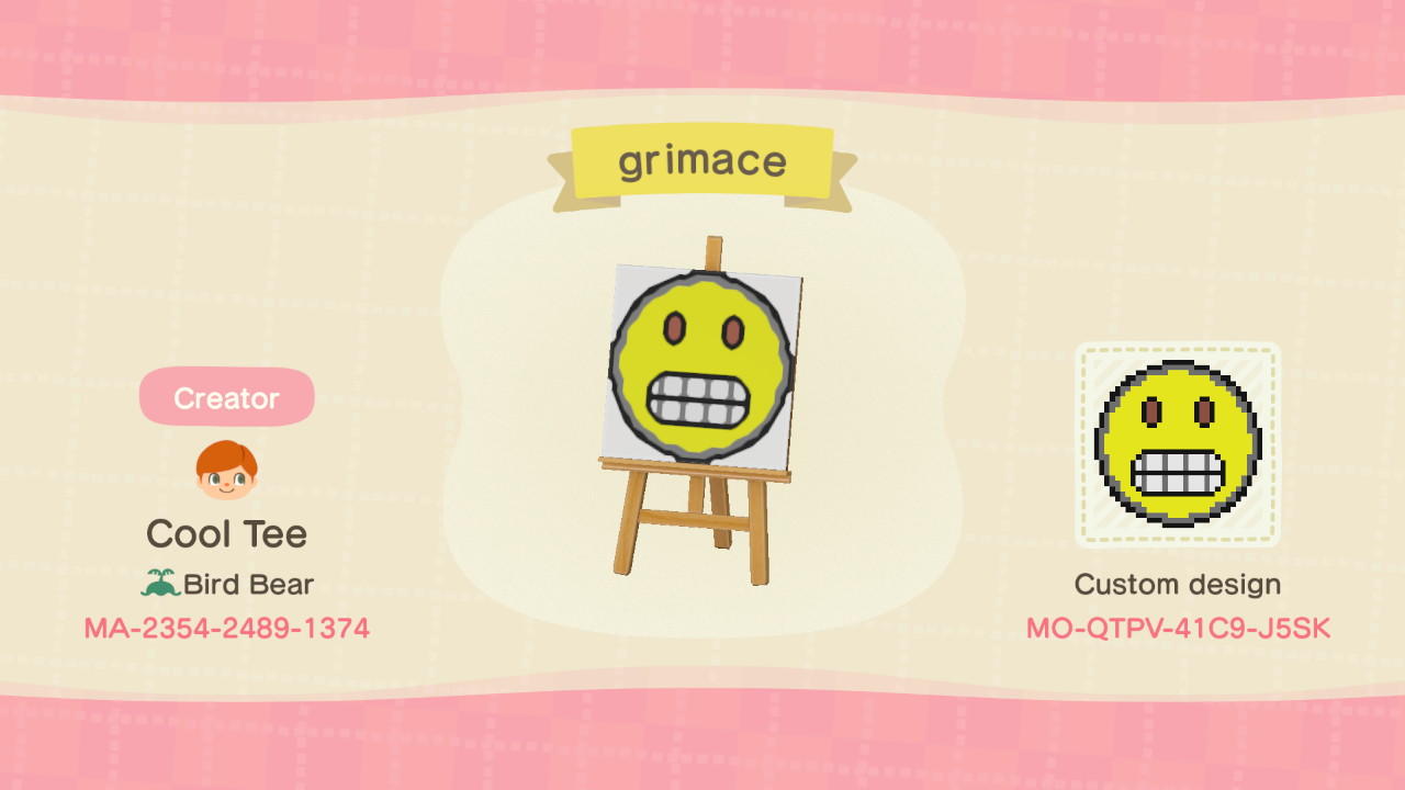 Animal Crossing Design Code: MO-QTPV-41C9-J5SK Grimace emoji face