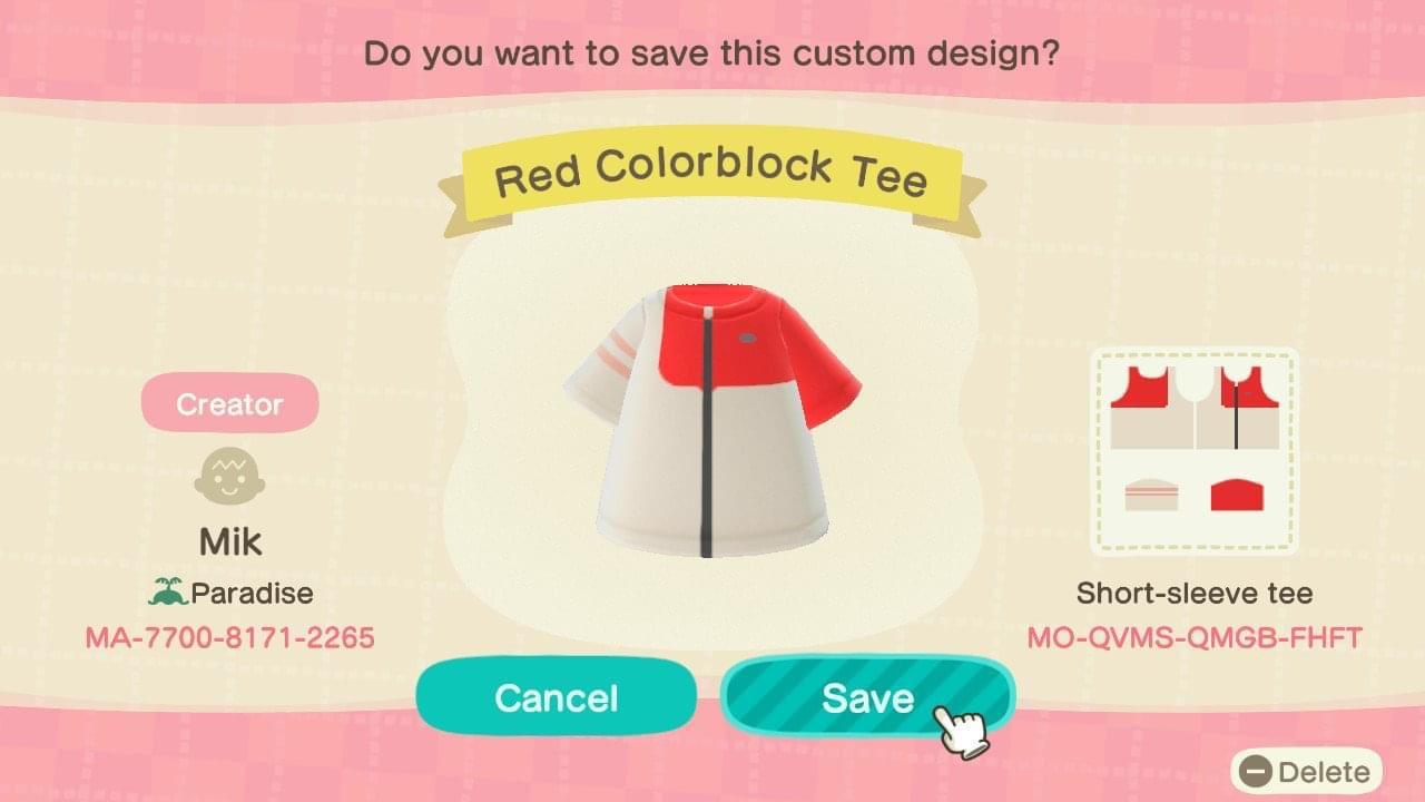 Animal Crossing Design Code: MO-QVMS-QMGB-FHFT Red Colorblock Tee
